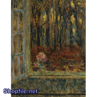 Tranh sơn dầu vẻ đẹp của cây lá qua khung cửa sổ